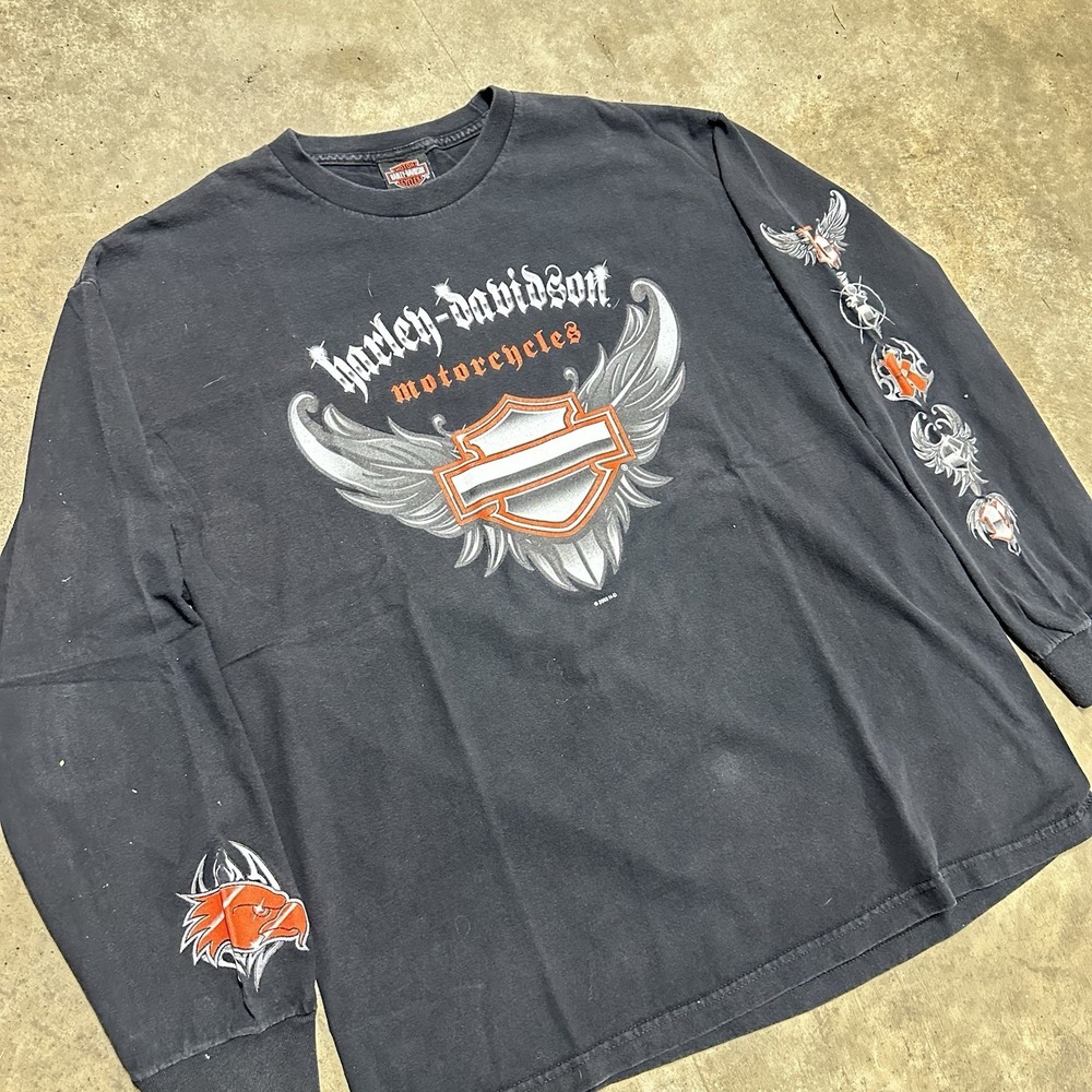 Vintage Harley Davidson Long Sleeve Shirt Chrome Afflic Flame Fade Size XL Y2K